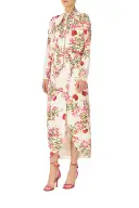 Long Sleeve Floral Wrap Dress(4,Silk White Fuchsia)