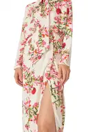 Long Sleeve Floral Wrap Dress(4,Silk White Fuchsia)