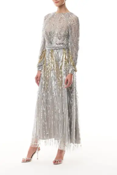 Embroidered Sequin Midi Dress(4,CHROME MULTI)