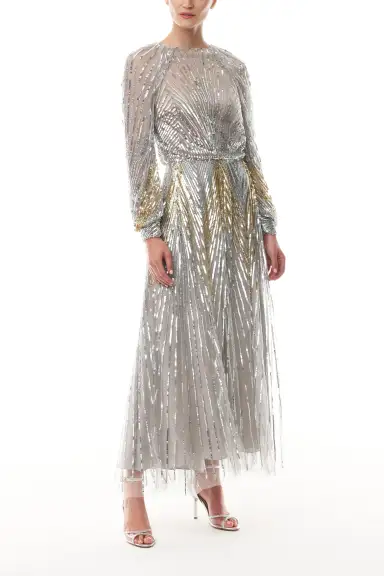 Embroidered Sequin Midi Dress(4,CHROME MULTI)