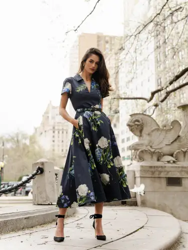 Short Sleeve Floral A-line Dress(2,Night Sky Multi)