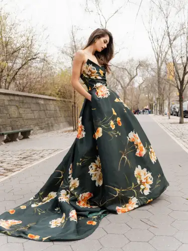 Strapless Draped Floral Ball Gown(2,Juniper Multi)