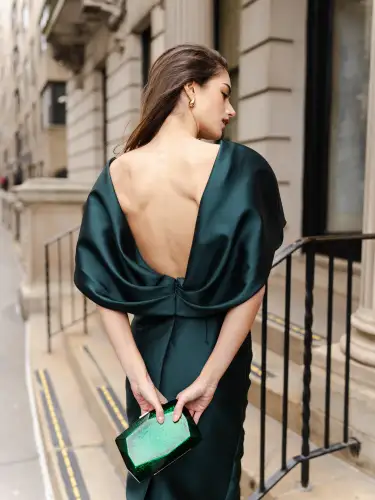 V-Neck Sculptural Column Gown(2,Juniper)