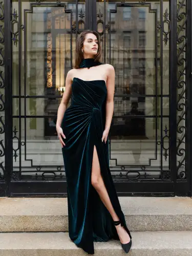 Strapless Velour Gown With Scarf(2,Dark Teal)