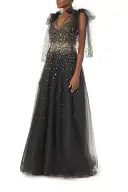 Gown with Bow Shoulder Ties(2,NOIR GOLD TULLE)