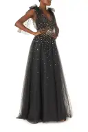 Gown with Bow Shoulder Ties(2,NOIR GOLD TULLE)