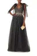 Gown with Bow Shoulder Ties(2,NOIR GOLD TULLE)