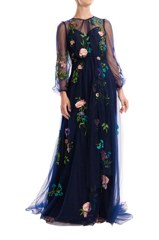Jewel Neck Puff Sleeve Embroidered Tulle Gown(Navy Multi,4)