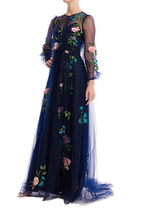 Jewel Neck Puff Sleeve Embroidered Tulle Gown(Navy Multi,4)