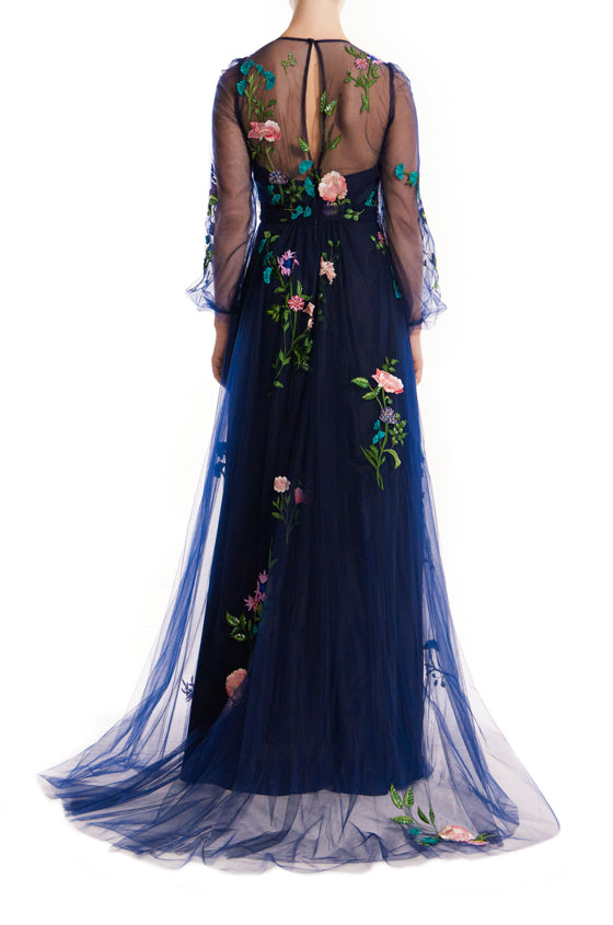 Jewel Neck Puff Sleeve Embroidered Tulle Gown(Navy Multi,4)
