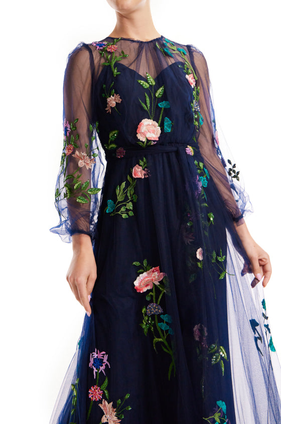 Jewel Neck Puff Sleeve Embroidered Tulle Gown(Navy Multi,4)