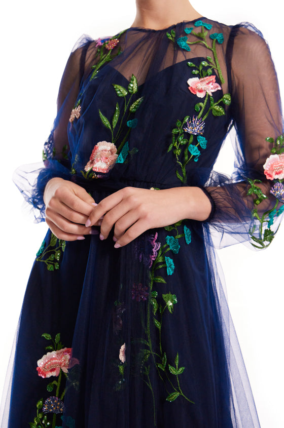 Jewel Neck Puff Sleeve Embroidered Tulle Gown(Navy Multi,4)