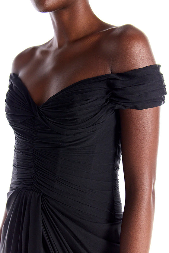 Off the Shoulder Draped Chiffon Gown(Noir,2)