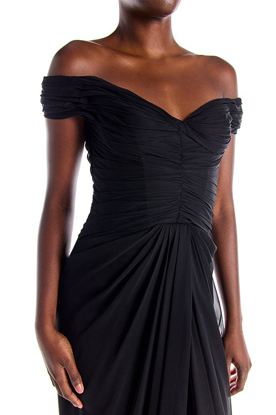 Off the Shoulder Draped Chiffon Gown(Noir,2)