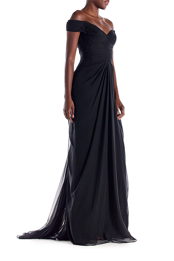 Off the Shoulder Draped Chiffon Gown(Noir,2)