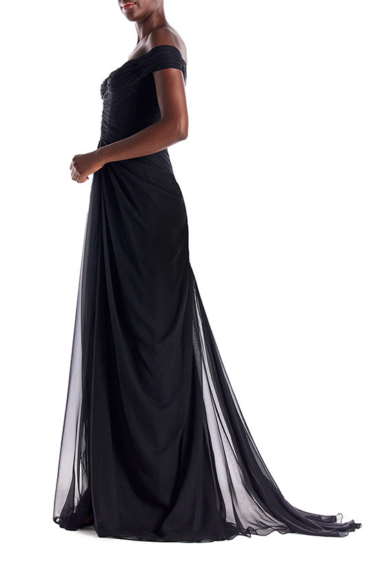 Off the Shoulder Draped Chiffon Gown(Noir,2)