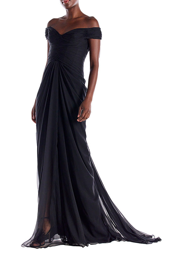 Off the Shoulder Draped Chiffon Gown(Noir,2)