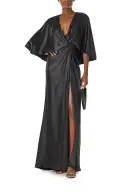 V-Neck Draped Capelet Sleeve Gown(2,Noir)