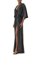 V-Neck Draped Capelet Sleeve Gown(2,Noir)