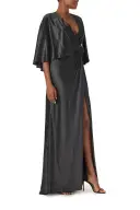 V-Neck Draped Capelet Sleeve Gown(2,Noir)