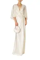 V-Neck Draped Capelet Sleeve Gown(2,SILKWHITE)