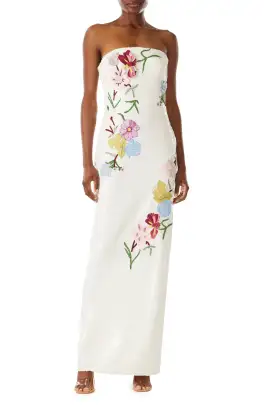 Strapless Embroidered Sequin Column Gown(2,Silk White)