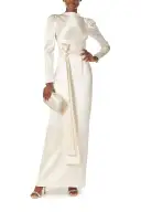 Long Sleeve Satin Gown(2,Silk White)