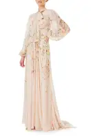 Floral Chiffon Long Sleeve Gown(2,Buff/Multi)