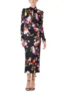 High Neck Floral Midi Dress(2,Noir/Multi)