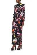 Long Sleeve Floral Dress(2,Noir/Multi)