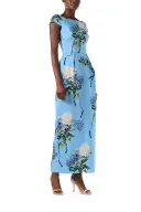Bateau Neckline Column Dress(2,Sky Blue Multi)
