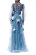Long Sleeve Embroidered Tulle Gown(2,Sky Blue)