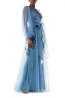Long Sleeve Embroidered Tulle Gown(2,Sky Blue)