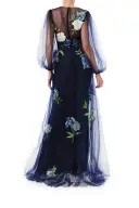 Puffed Sleeve Embroidered Tulle Gown(2,Night Sky)