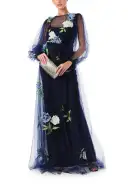 Puffed Sleeve Embroidered Tulle Gown(2,Night Sky)