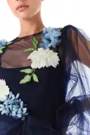 Puffed Sleeve Embroidered Tulle Gown(2,Night Sky)