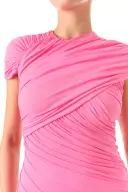 Draped Asymmetric Drop Waist Gown(2,Pink Carnation)