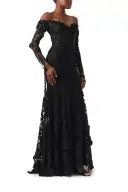 Off-The-Shoulder Lace Trumpet Gown(2,Noir)