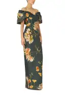 Off the Shoulder Floral Column Gown(2,Juniper/Multi)