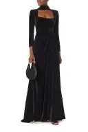 Long Sleeve Velour Gown With Scarf(2,Noir)