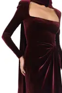 Long Sleeve Velour Gown With Scarf(2,Merlot)