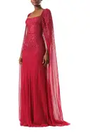 Embroidered Chiffon Gown With Cape(2,Merlot)