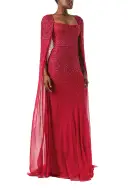 Embroidered Chiffon Gown With Cape(2,Merlot)