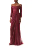 Off The Shoulder Draped Tulle Gown(2,Merlot)