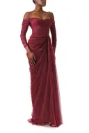 Off The Shoulder Draped Tulle Gown(2,Merlot)