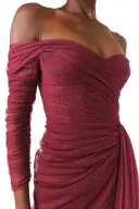 Off The Shoulder Draped Tulle Gown(2,Merlot)