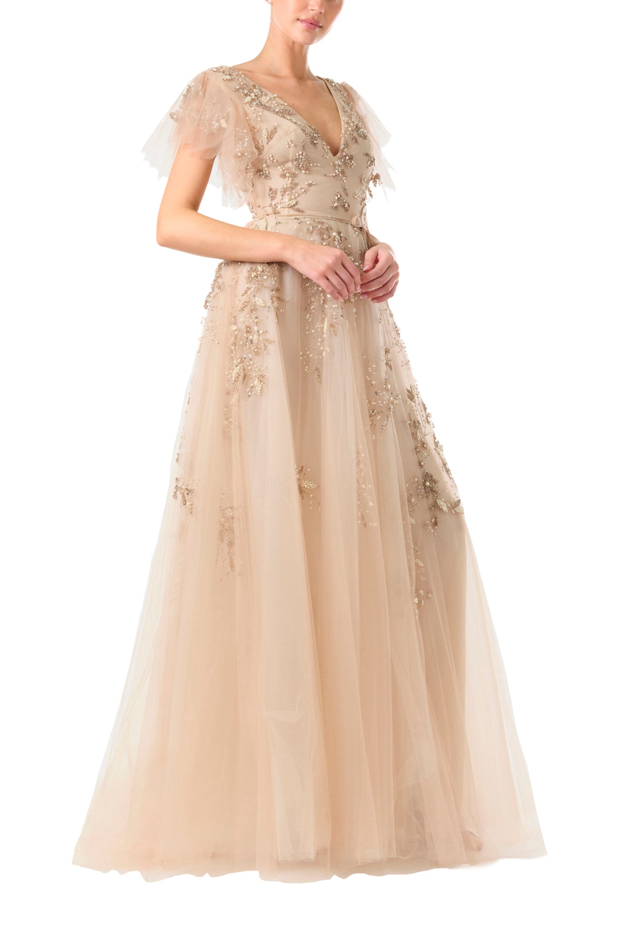 Embroidered Flutter Sleeve Gown(GOLD,2)