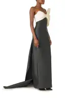 Asymmetric Draped Bow Column Gown(2,Noir/Silk White)