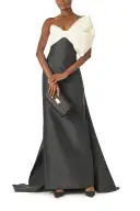 Asymmetric Draped Bow Column Gown(2,Noir/Silk White)