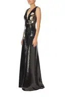 Embroidered Sequin V-Neck Gown(2,Noir)
